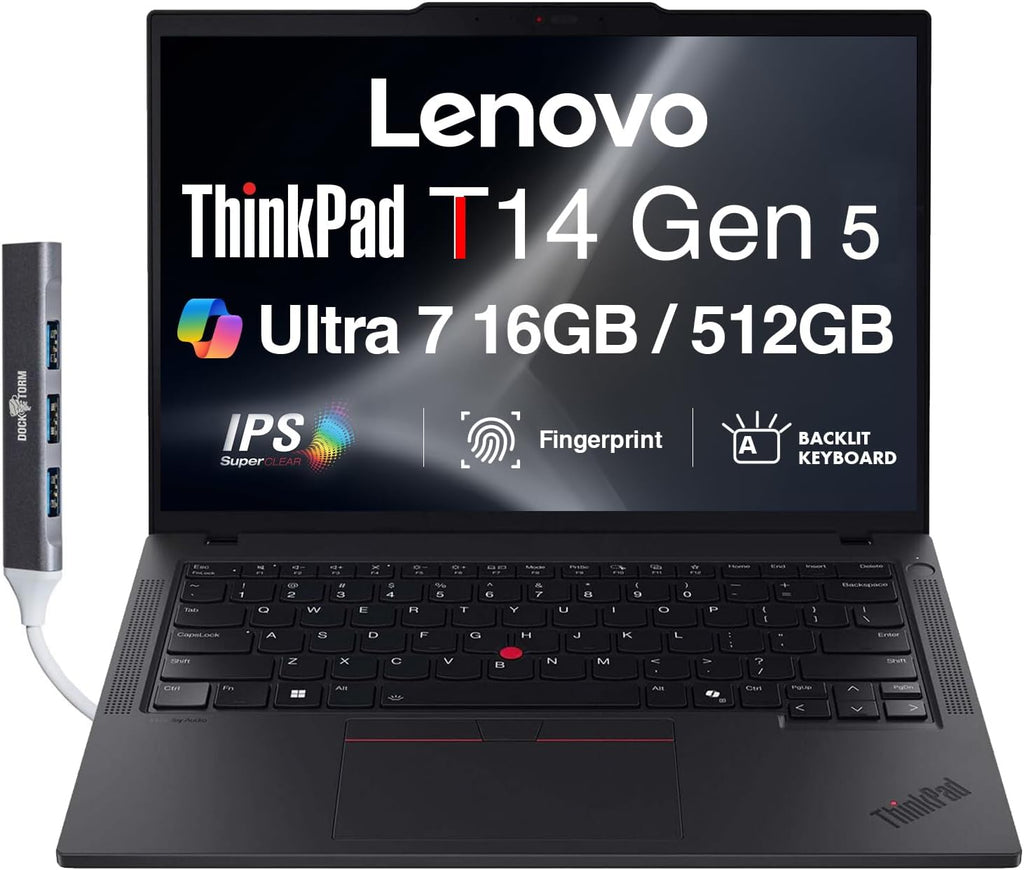 Lenovo ThinkPad T14 Gen 5 AI Business Laptop 14.0' IPS FHD+ (Intel Core Ultra 7 155U(>i7-13700H), 16GB DDR5, 512GB SSD, Copilot, Backlit KB, Fingerprint, 2 Thunderbolt 4, 5MP Webcam, DKZ Hub, Win11P)