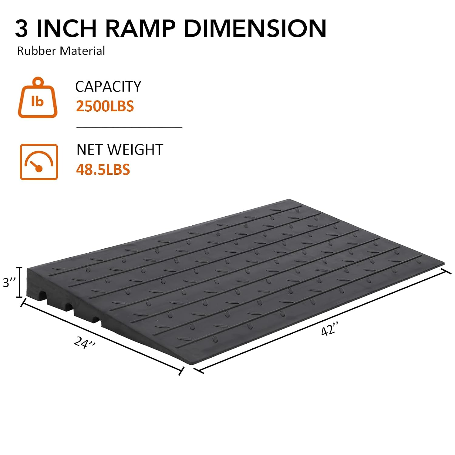 Rubber Threshold Ramp, 3' Ramp for Wheelchair, Scooter, 3 Channels Doorway Ramp, Wheelchair Ramp, Handicap Ramps for Home Entry, Driveway, Curbs, Steps with Slip-Resistant Surface, 2500 Lbs Capacity