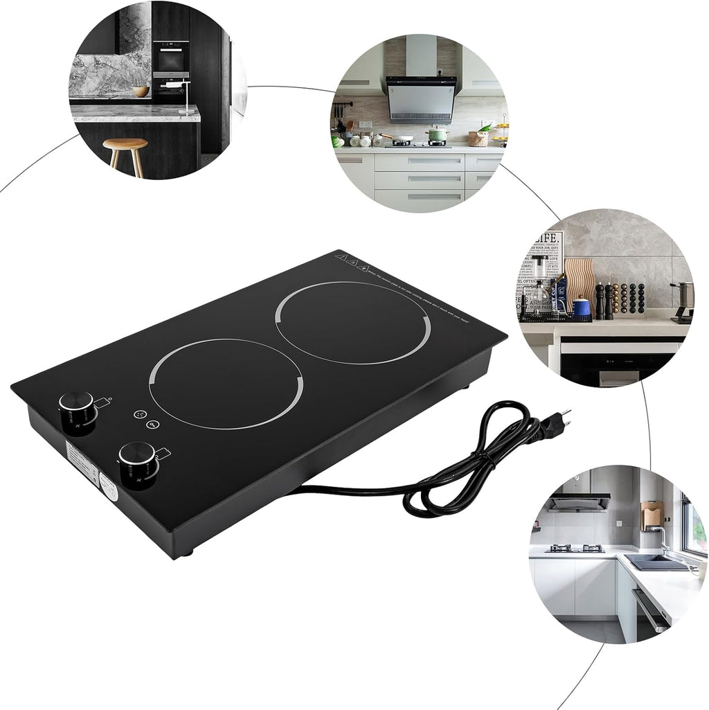 Double Induction Cooktop,Electric Cooktop,2 Burners Electric Stove Top with Knob Control,Built-in Radiant Stove with LED Display screen,9 Heating Level, Kid Safety Lock,Overheat Protection, 110V