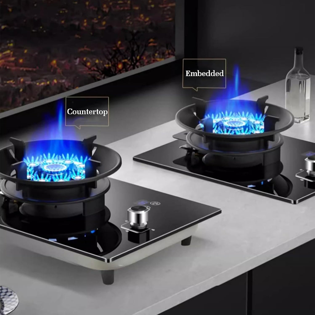 Gas Stove 1 Burner,5.2KW Nine-Cavity High-fire Timer,Gas/LP Gas Conversion Stove,Tempered Glass Cast Iron Pot Rack,with Flameout Protection,for Home Kitchen(LPG)
