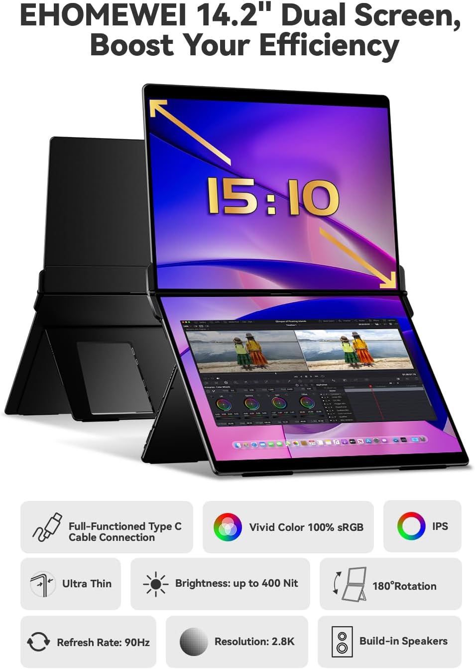 EHOMEWEI X1 Air Foldable Dual Screen Portable Monitor 14.2'×2 2.8K IPS Laptop Screen Extender 90Hz USB-C HDMI for MacBook Windows