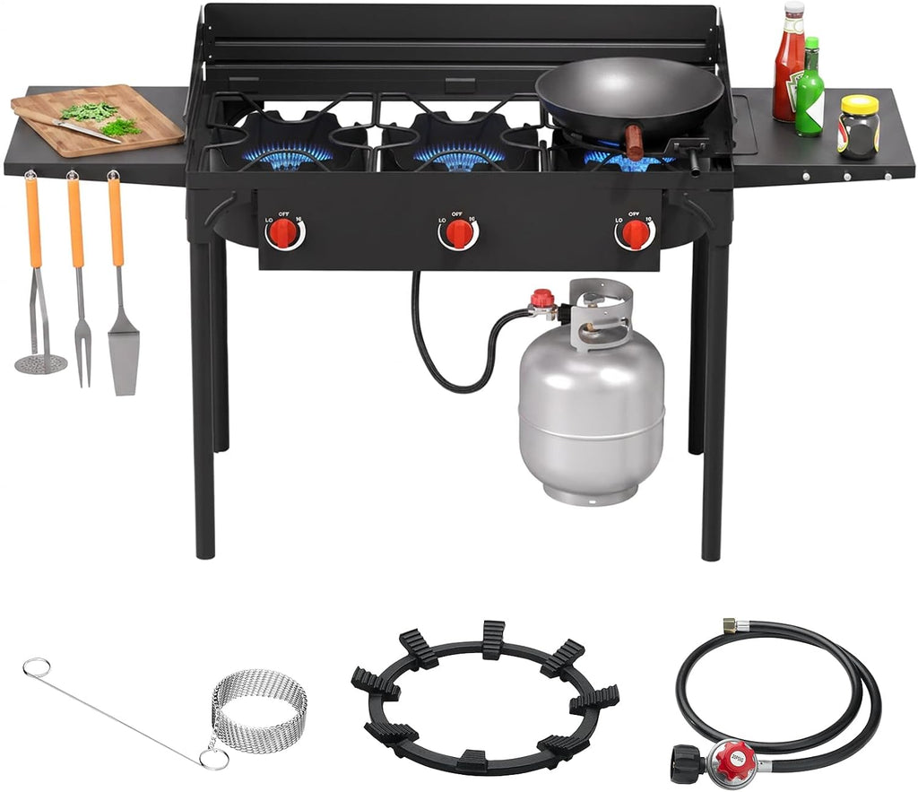 SKOK 3 Burners Camping Propane Stove with Wind Panel&Side Shelves, Portable Gas Stove, Outdoor Stove for Camping