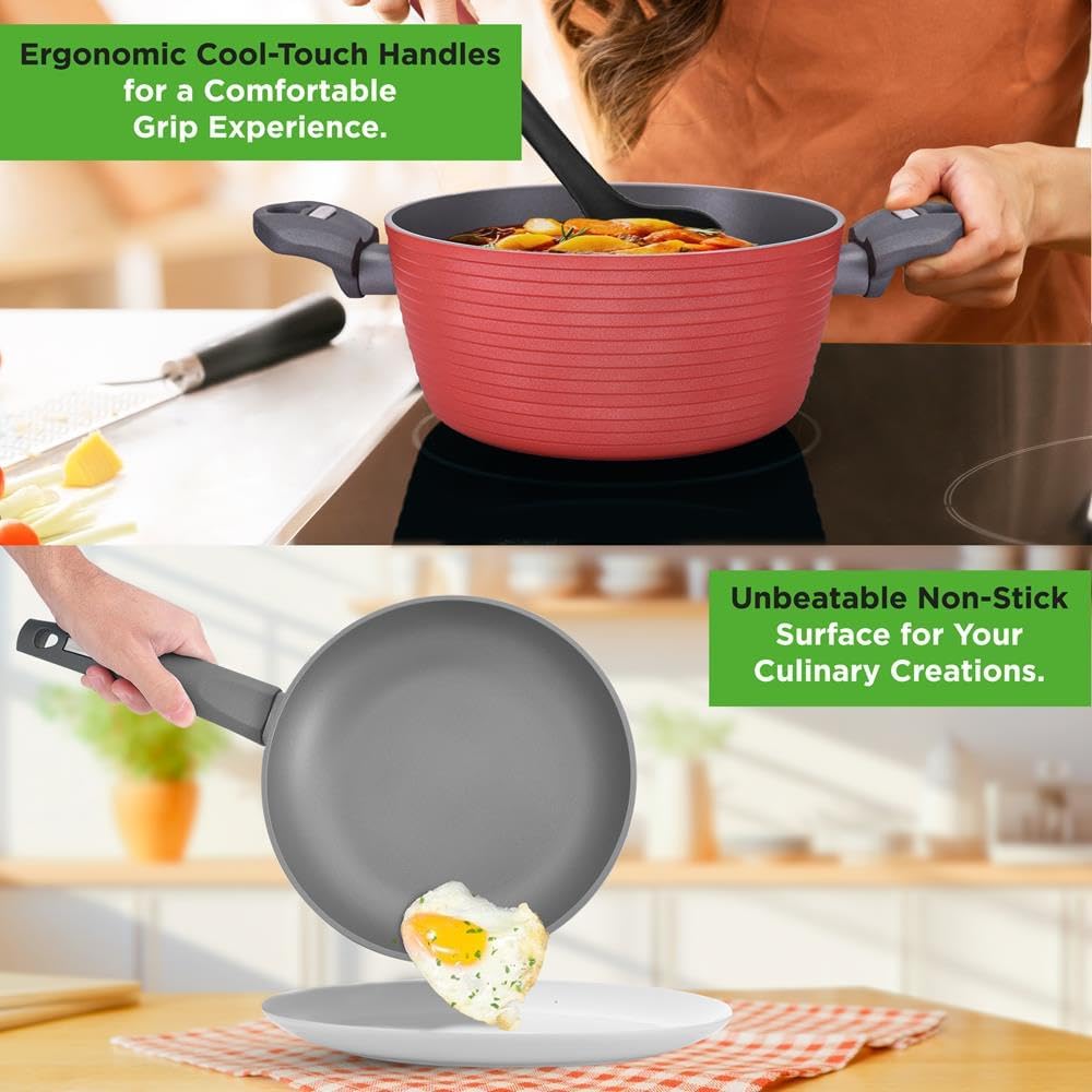 NutriChef Professional 12-Piece Red Nonstick Cookware Set - PFOA/PFOS-Free, Heat Resistant Lacquer, Elegant Design, Multi-Sized Pots and Pans