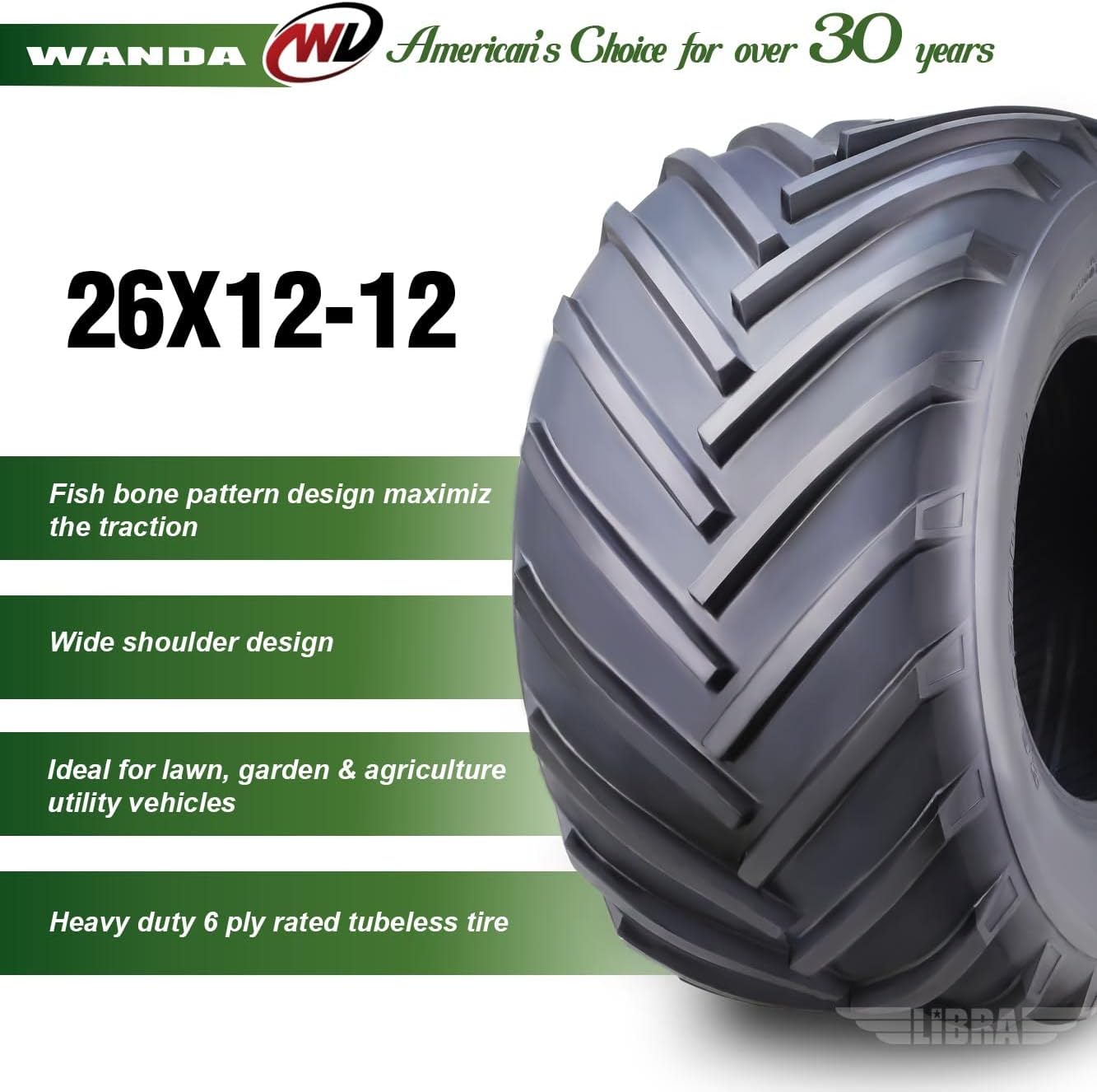 WANDA 26X12-12 Lawn Mower Agriculture FarmTractor Cart Turf Tire 4 Ply 26x12x12-13215