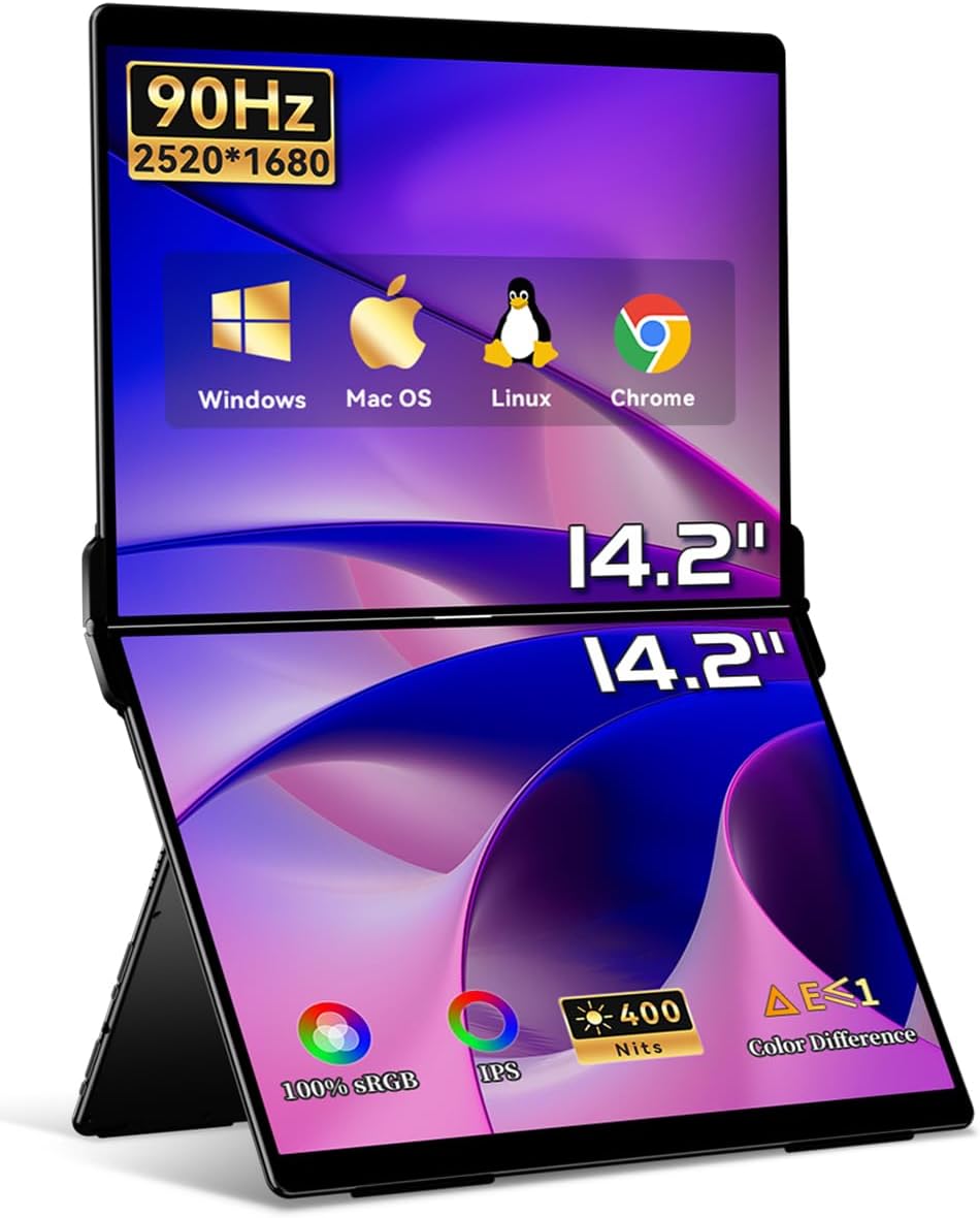 EHOMEWEI X1 Air Foldable Dual Screen Portable Monitor 14.2'×2 2.8K IPS Laptop Screen Extender 90Hz USB-C HDMI for MacBook Windows
