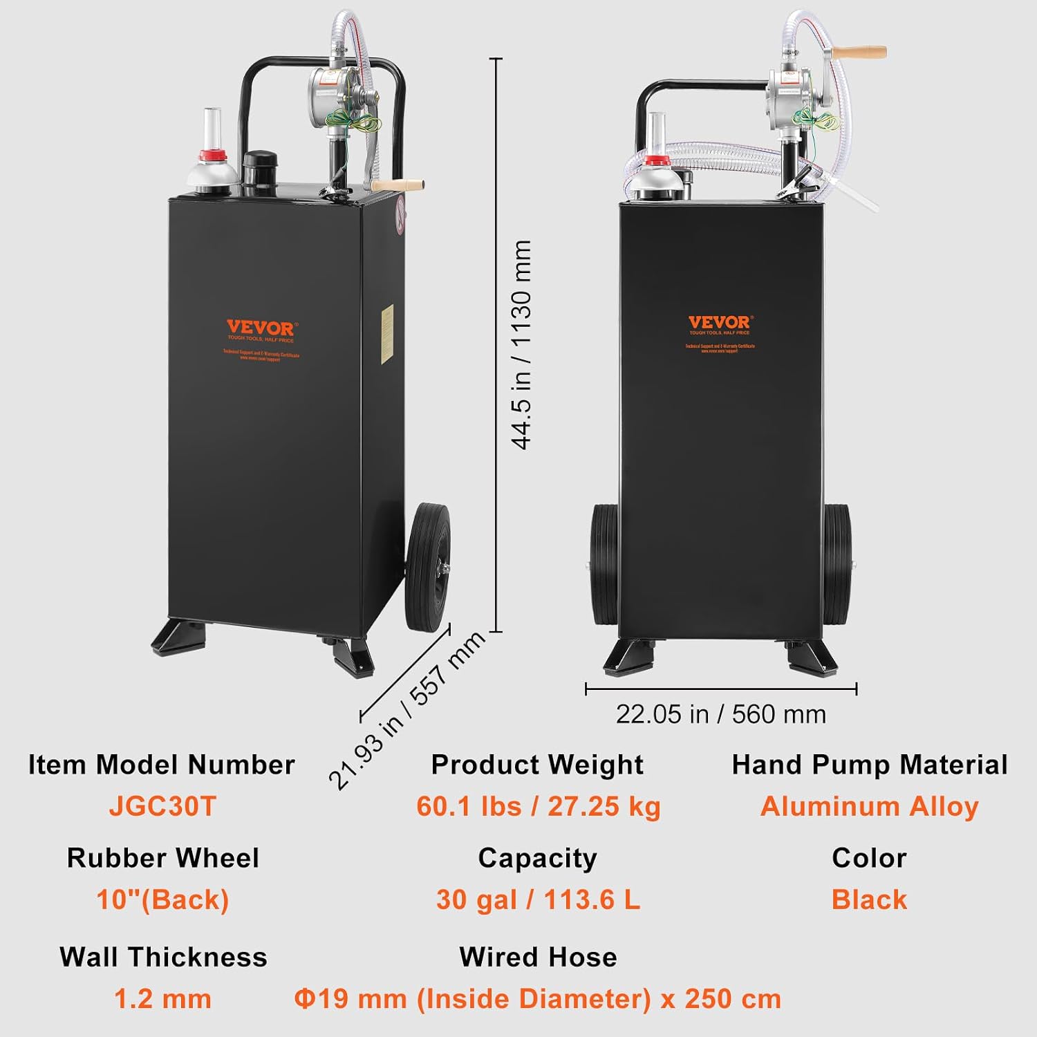 VEVOR 30 Gallon Gas Caddy - Portable Fuel Storage Tank with 2 Wheels & Manual Transfer Pump, Diesel & Gasoline Fuel Container for Cars, Lawn Mowers, ATVs, Boats, Black