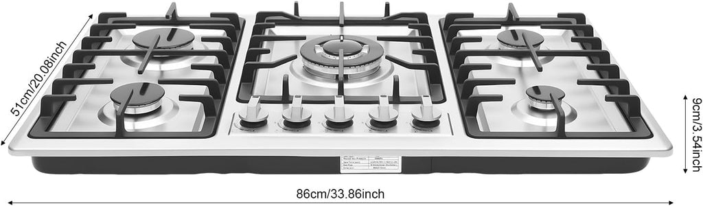 34 inch Gas Cooktop, Stainless Steel Built-in 5 Burners Stovetop, LPG/NG Dual Fuel Auto Ignition Gas Hob, Propane Stove Top with Thermocouple Protection for Apartments Indoor