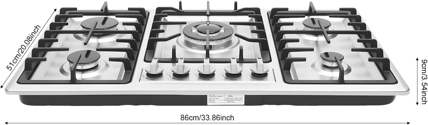 34 inch Gas Cooktop, Stainless Steel Built-in 5 Burners Stovetop, LPG/NG Dual Fuel Auto Ignition Gas Hob, Propane Stove Top with Thermocouple Protection for Apartments Indoor