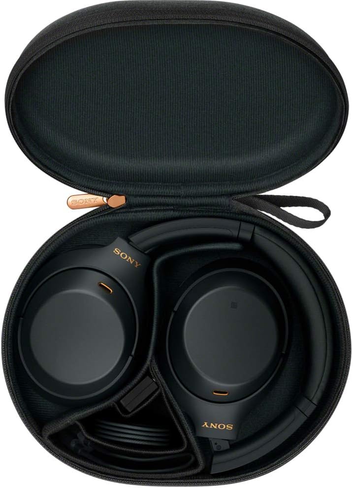 Sony WH1000XM4/B Premium Noise Cancelling Wireless Over-The-Ear Headphones Bundle with Deco Gear Wood Headphone Display Stand and Protective Travel Carry Case