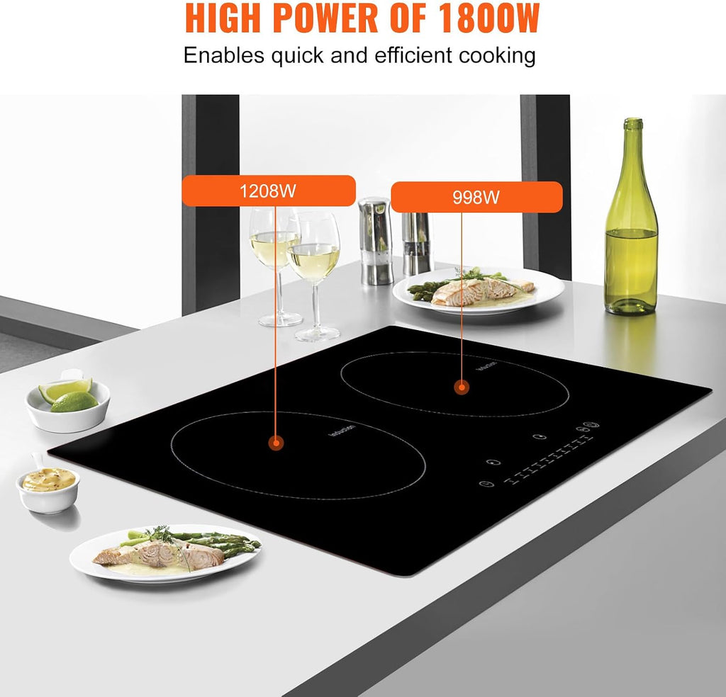 Happybuy Electric Cooktop, 2 Burners, 24'' Induction Stove Top, Built-in Magnetic Cooktop 1800W, 9 Heat Levels, LED Touch Control with Child Lock & Overheat Protection