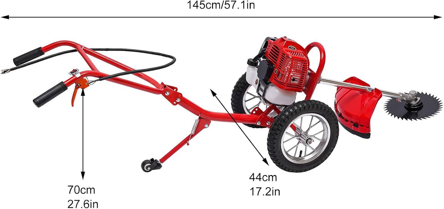 Walk Behind Weed Wacker Gas Powered 2-Stroke Lawn Mower, 2.41HP 49CC Air-Cooled Gasoline Garden Mower Weed Eater Brush Cutter with Wheels, Height Adjustable Grass Trimmer for Grass & Bush