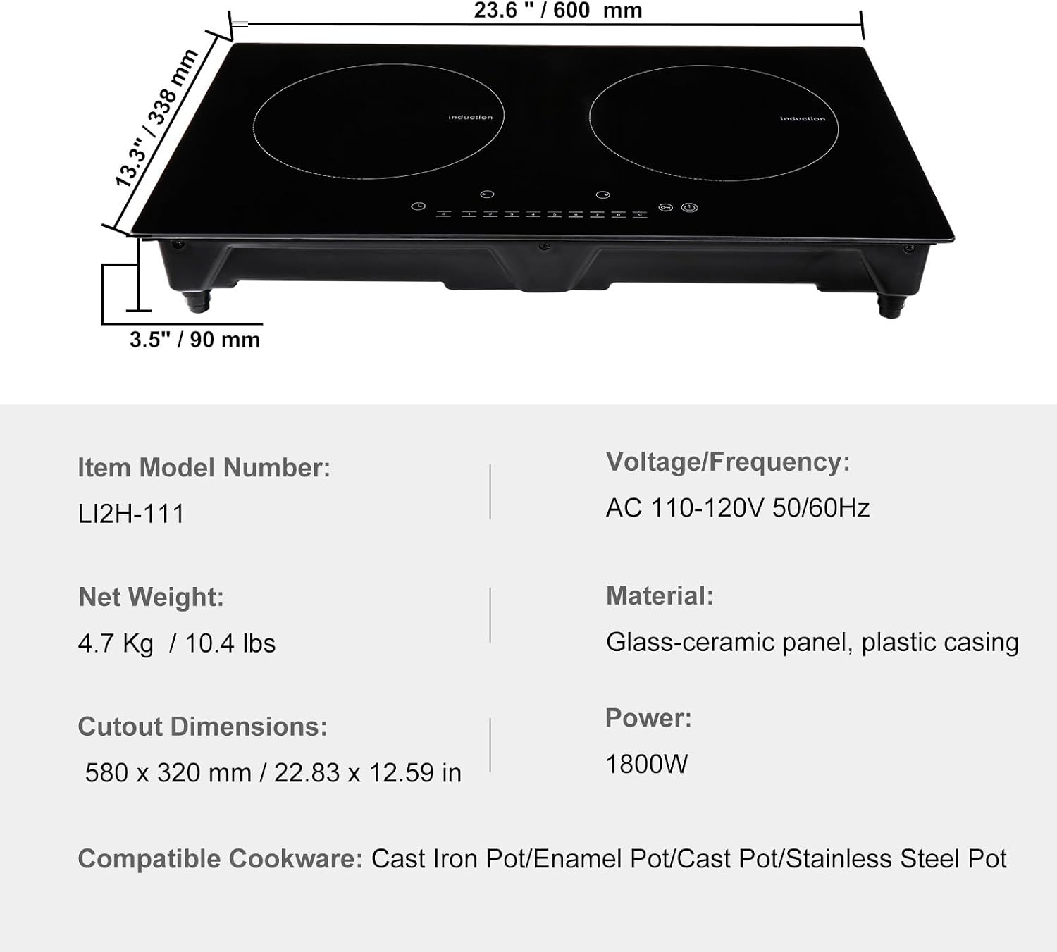 Happybuy Electric Cooktop, 2 Burners, 24'' Induction Stove Top, Built-in Magnetic Cooktop 1800W, 9 Heat Levels, LED Touch Control with Child Lock & Overheat Protection