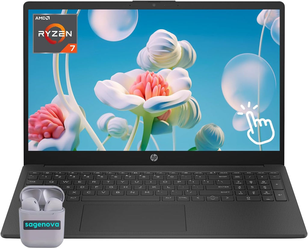 HP 15.6' Touchscreen Laptop Computer, Windows 11 Home 16GB RAM 1TB SSD, AMD Ryzen 7 5825U, FHD 1920 x 1080 IPS LED Display, Numeric Keypad, Camera Privacy Shutter, SageNova Earphones, Black