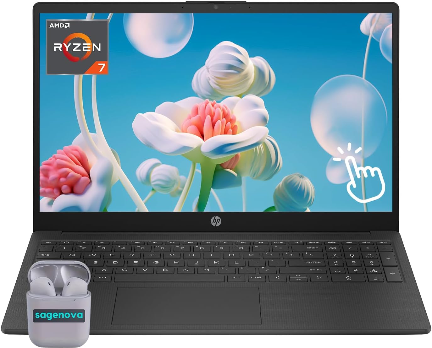 HP 15.6' Touchscreen Laptop Computer, Windows 11 Home 16GB RAM 1TB SSD, AMD Ryzen 7 5825U, FHD 1920 x 1080 IPS LED Display, Numeric Keypad, Camera Privacy Shutter, SageNova Earphones, Black