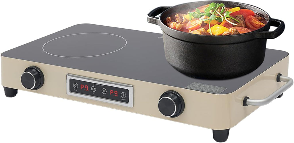 2 Burner Electric Cooktop 1100W Countertop Stove Top with Knob Control 110-120V Plug in Electric Cooktop with Touch Control & Timer for Kitchen, RV, Apartment (Cream Yellow)