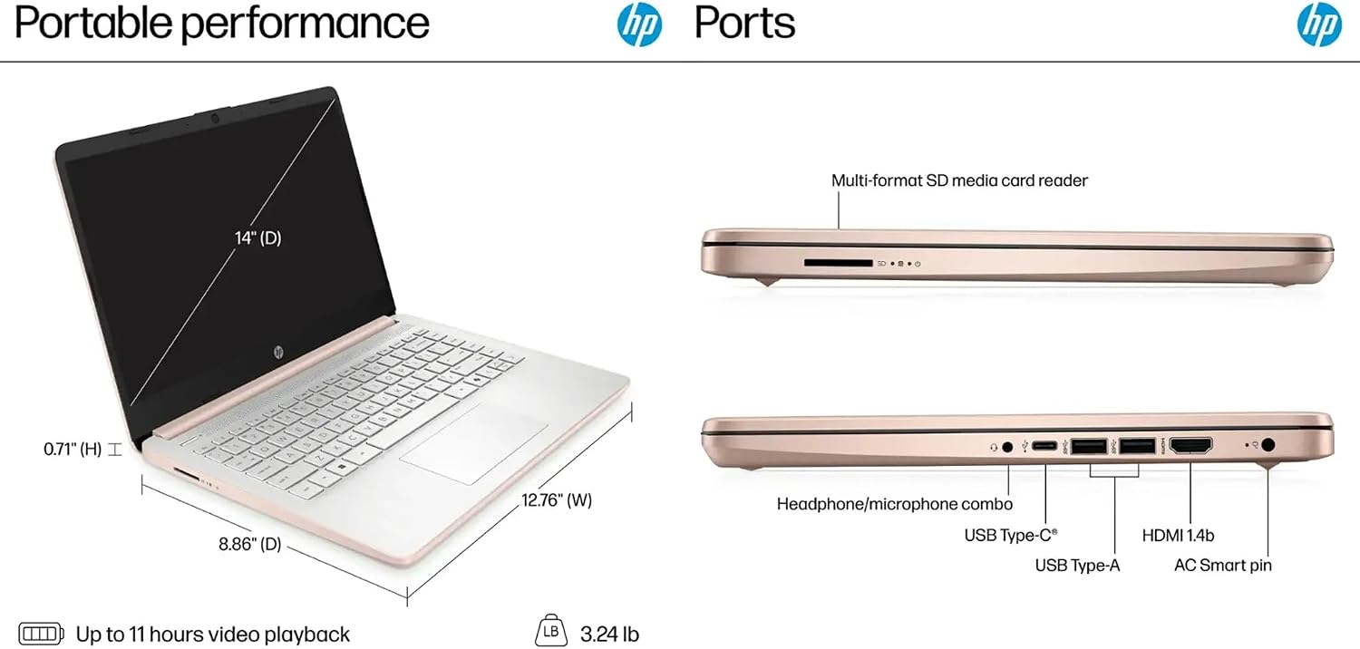 HP 14 inch Student Laptop 2025, Intel Processor N150 (up to 3.60 GHz), 1-Year Microsoft 365, Copilot AI, Fast Charge, Wi-Fi 6, Ultra Slim, Win 11 S, w/128GB PSD (Pale Rose Gold, 8GB RAM | 128GB UFS)