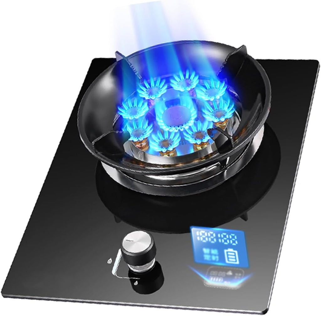 Gas Stove 1 Burner,5.2KW Nine-Cavity High-fire Timer,Gas/LP Gas Conversion Stove,Tempered Glass Cast Iron Pot Rack,with Flameout Protection,for Home Kitchen Motor Home Camp(LPG)