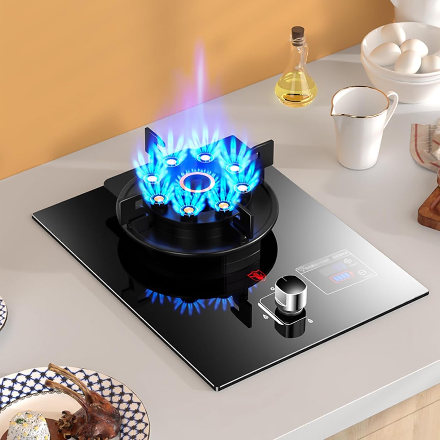 43cm Gas Stove,Gas Cooker 1 Burner,5.2W Nine-Cavity High-fire Timer,Gas/LP Gas Conversion Stove,Tempered Glass Cast Iron Pot Rack,with Flameout Protection(LPG)