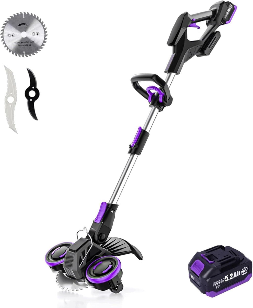 Cordless Weed Wacker, 20V 5.2Ah Battery Powered with Metal Blade, Edger/Mower/Cutter 3 in 1, Runtime 30mins (One Battery and Charger)