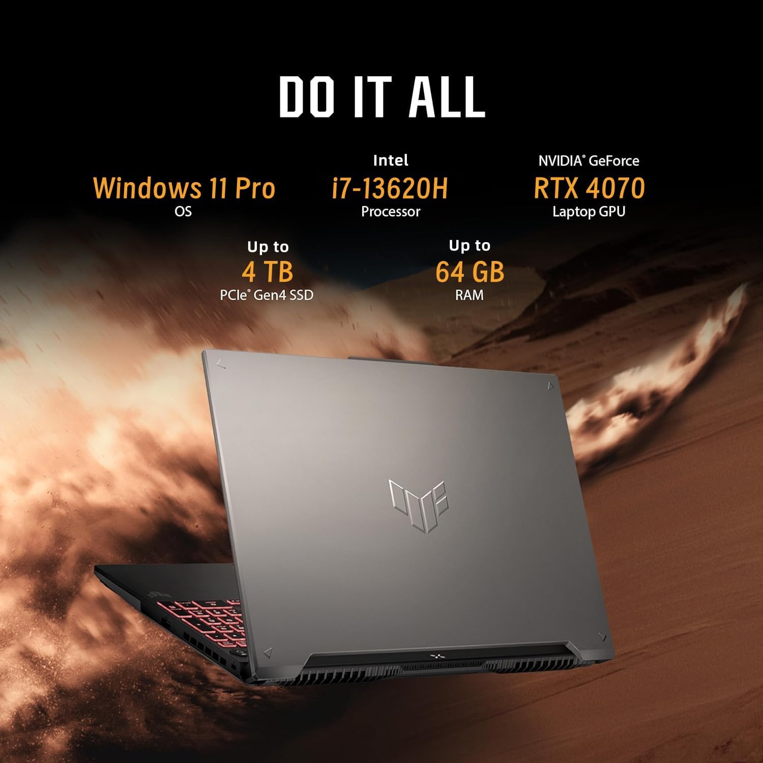 ASUS TUF F17 Gaming Laptop, 17.3 WQHD 2K 240Hz Display, NVIDIA RTX 4070, Intel i7-13620H(Up to 4.9GHz), 32 GB DDR5, 1 TB SSD, Windows 11 Pro, Office Pro Lifetime, FX707VI-NS74