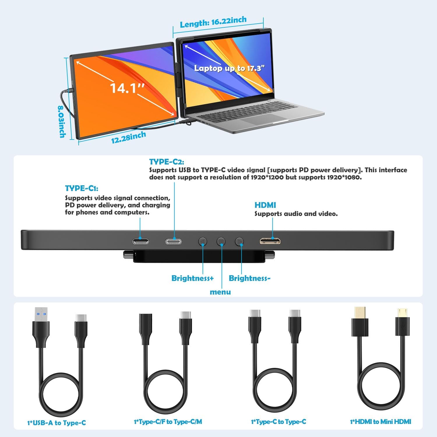 14.1-inch 2K Portable Dual Laptop Monitor Extender (with USB Docking Station) 2240x1400 QHD IPS Foldable Plug and Play Travel Home Office Second Screen Compatible with HDMI,USB-A and USB-C