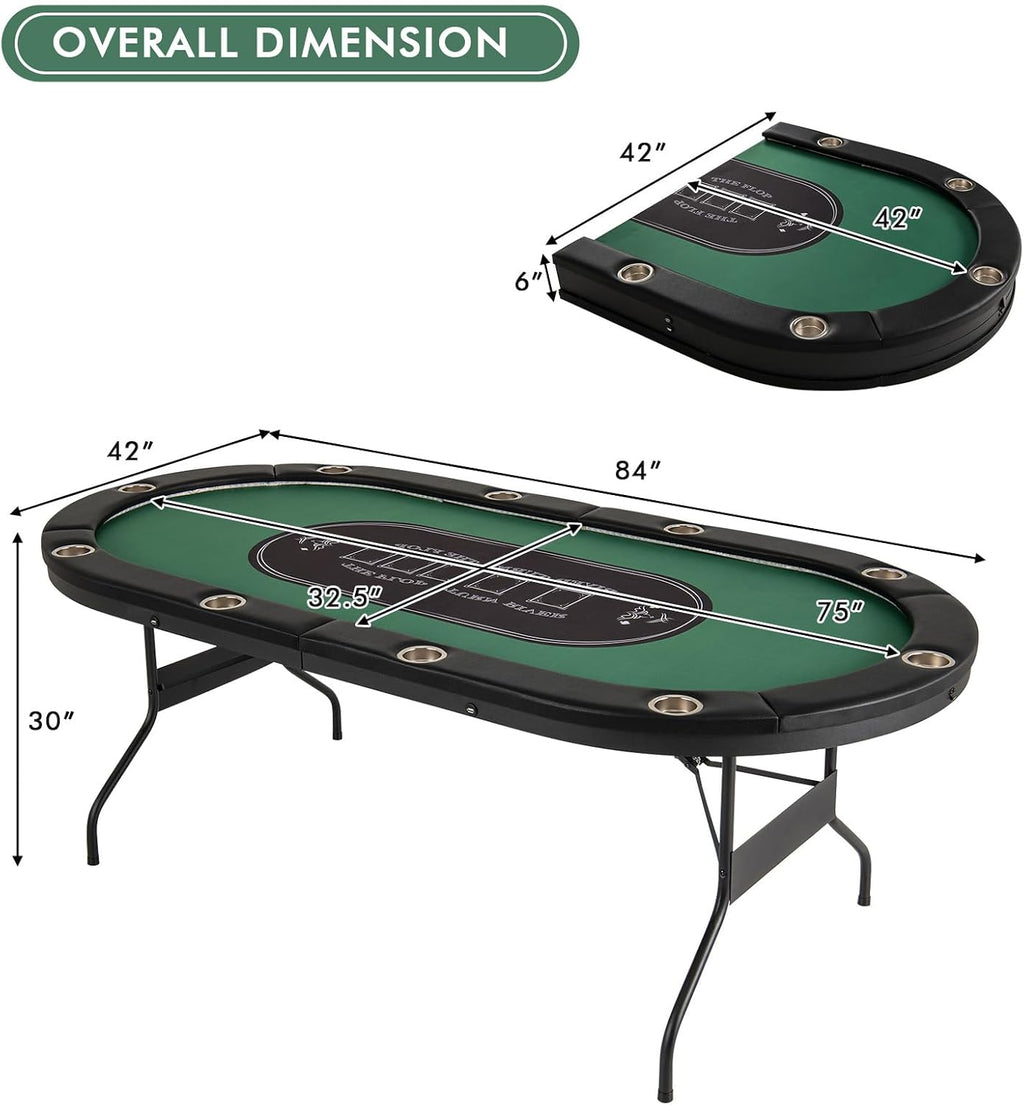 Goplus 84' Foldable Poker Table with LED Lights, 10 Players Card Board Game Table w/Casino Grade Felt, Steel Cup Holder, Padded Rails, for Texas Hold'em, Blackjack, No Assembly Required (Green)