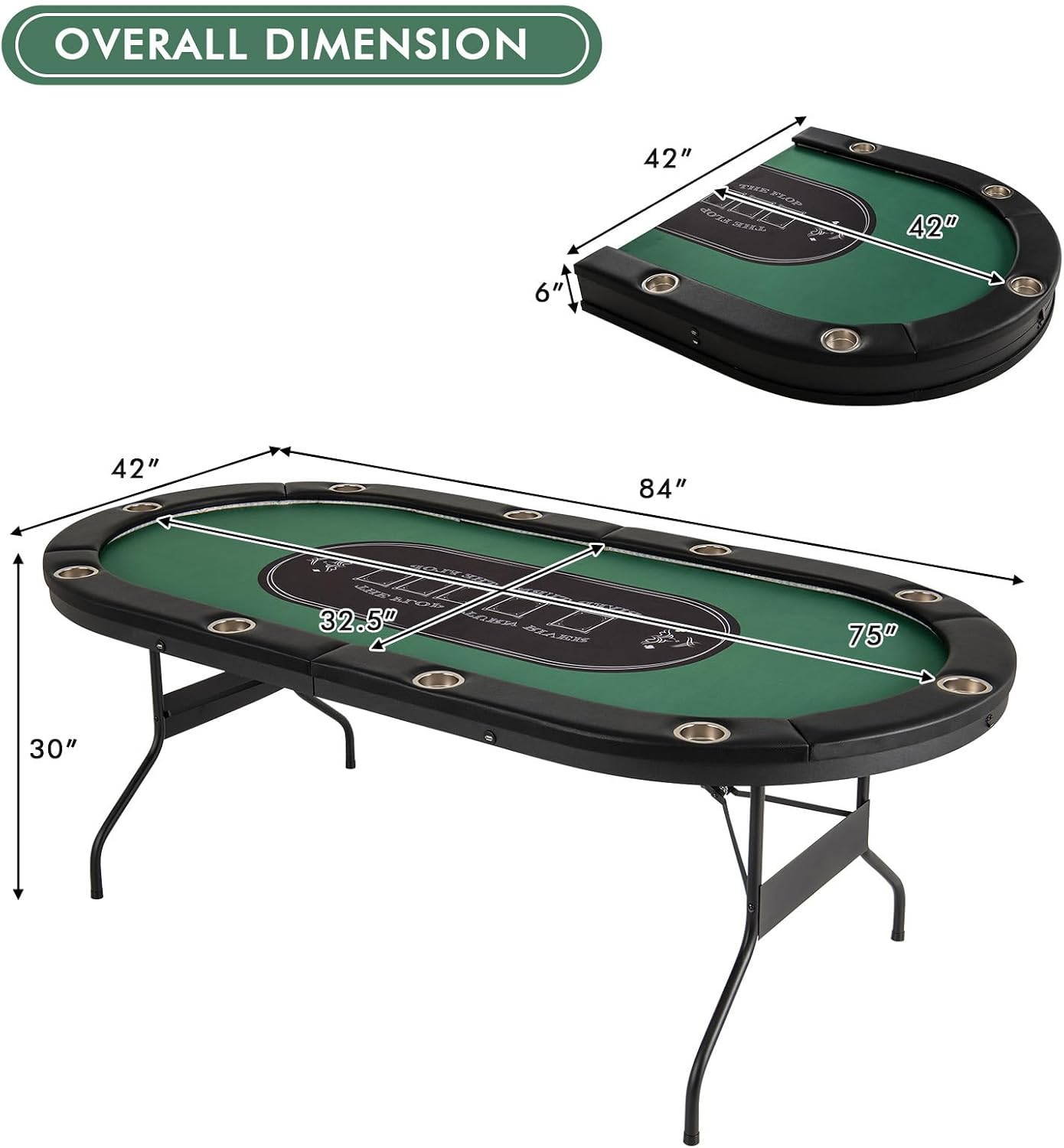 Goplus 84' Foldable Poker Table with LED Lights, 10 Players Card Board Game Table w/Casino Grade Felt, Steel Cup Holder, Padded Rails, for Texas Hold'em, Blackjack, No Assembly Required (Green)