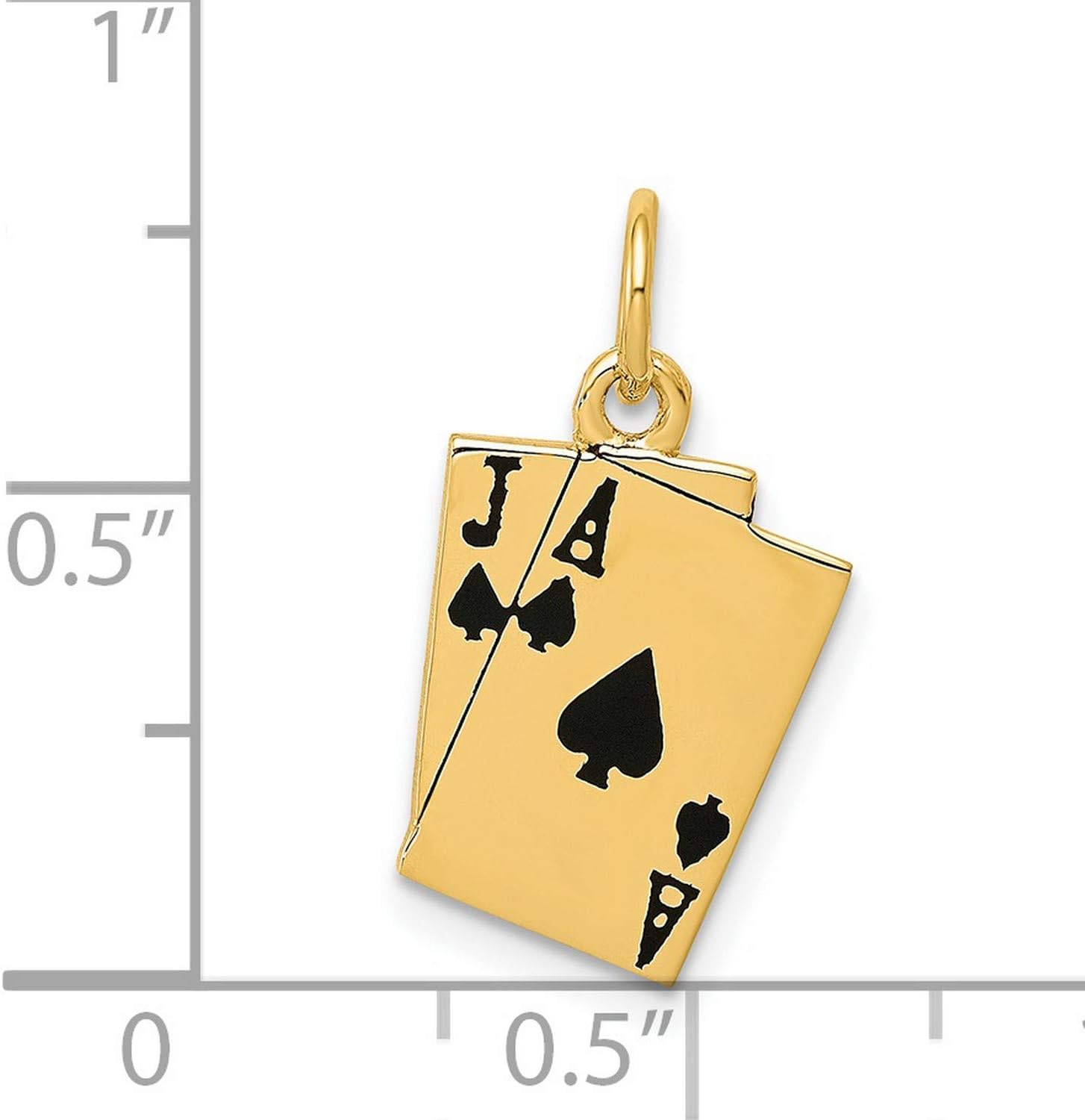 14k Yellow Gold Enamel Ace Jack Spades Blackjack Cards Charm | 20 x 11 mm size, black enamel accents, solid cast design, polished finish, textured back