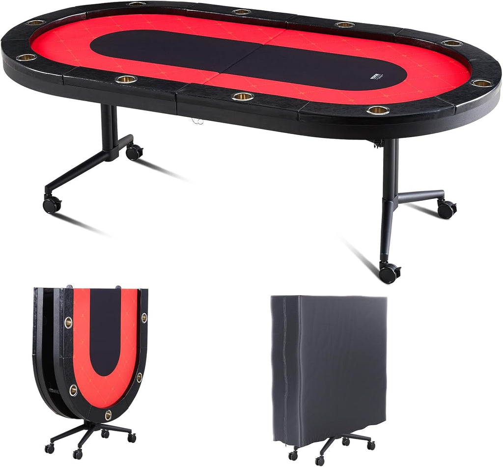 VEVOR 90' Oval Casino Leisure Table: 10 Player, Blackjack Texas Holdem Poker Table with Stainless Steel Cup Holders and Padded Rails, Portable Folding Card Board Game Table