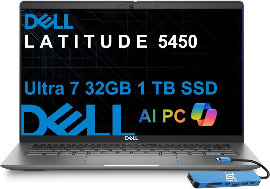 Dell Latitude 5450 5000 Business AI PC Laptop (14' FHD IPS, Intel 12-Core Ultra 7 155U (> i7-1355U), 32GB DDR5 RAM, 1TB SSD), Backlit KB, IR Webcam, 2X Thunderbolt 4, IST 7 in 1 Dock, Win 11 Pro