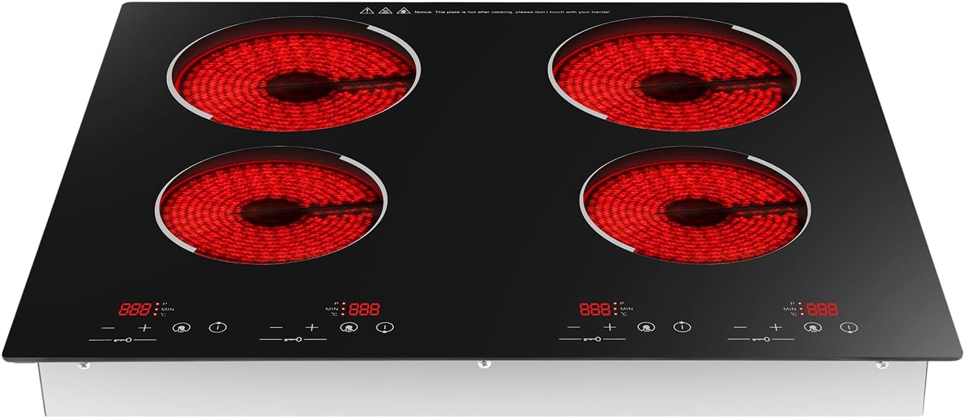 23.62 x 21.26 In Electric Ceramic Cooktop, with 4 Burner 9 Power Levelsr Child Safety Lock Touch Sensor Control, 3000W, Built-in & Desktop, 110V