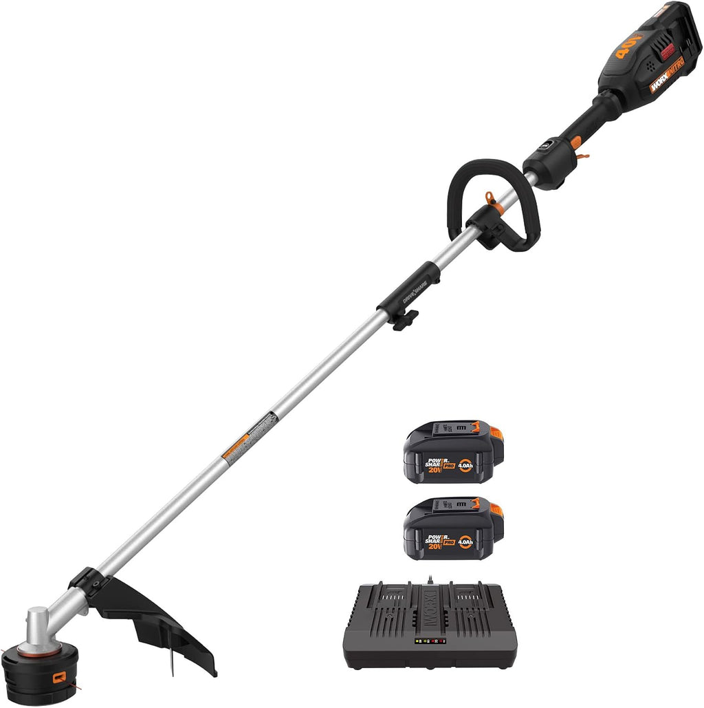 Worx Cordless String Trimmer, 15'' Electric Weed Wacker with Dual-exit Head, 31CC Gas-Like 40V Brushless Weed Eater with Attachment-Capable Driveshare, 2 × 4.0 Ah Batteries & Charger Included, WG186