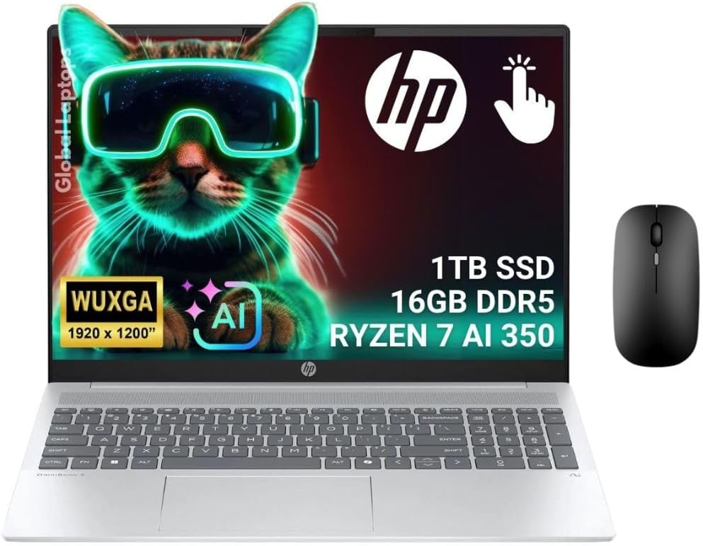 HP Omnibook 5 16' AI Laptop - AMD Ryzen AI 7 350 - Copilot+ PC - 2K (1920 x 1200) Touchscreen - 16GB Memory - 1TB SSD - Windows 11 Home