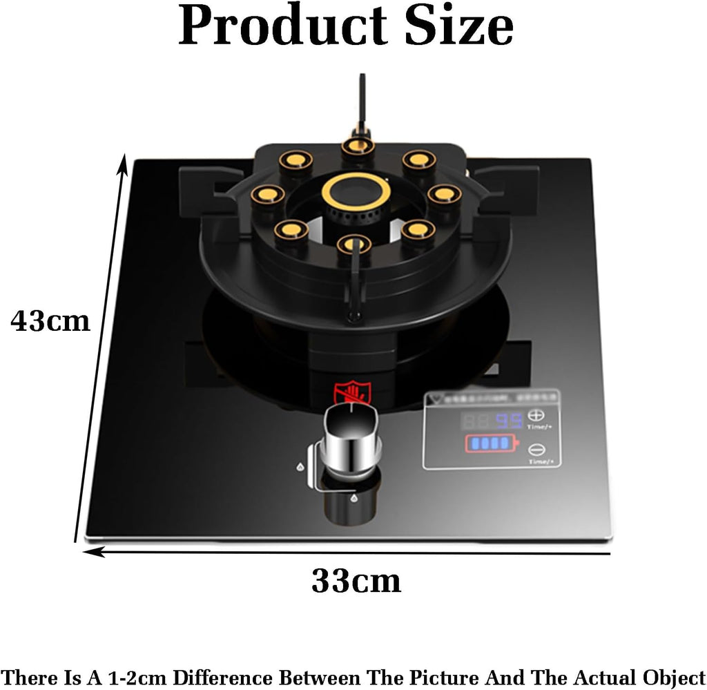43cm Gas Stove,Gas Cooker 1 Burner,5.2W Nine-Cavity High-fire Timer,Gas/LP Gas Conversion Stove,Tempered Glass Cast Iron Pot Rack,with Flameout Protection(LPG)