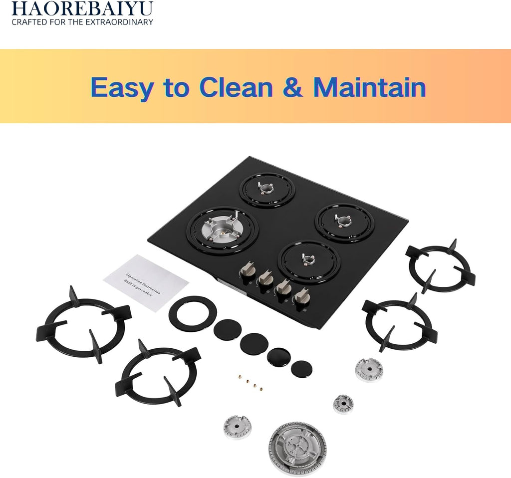 23Inch 4 Burner Built-In Lpg Gas Stovetop,Drop-In Gas Hob with Independent Control Knobs&Backfire Protection,Black Tempered GlassGas Cooktop