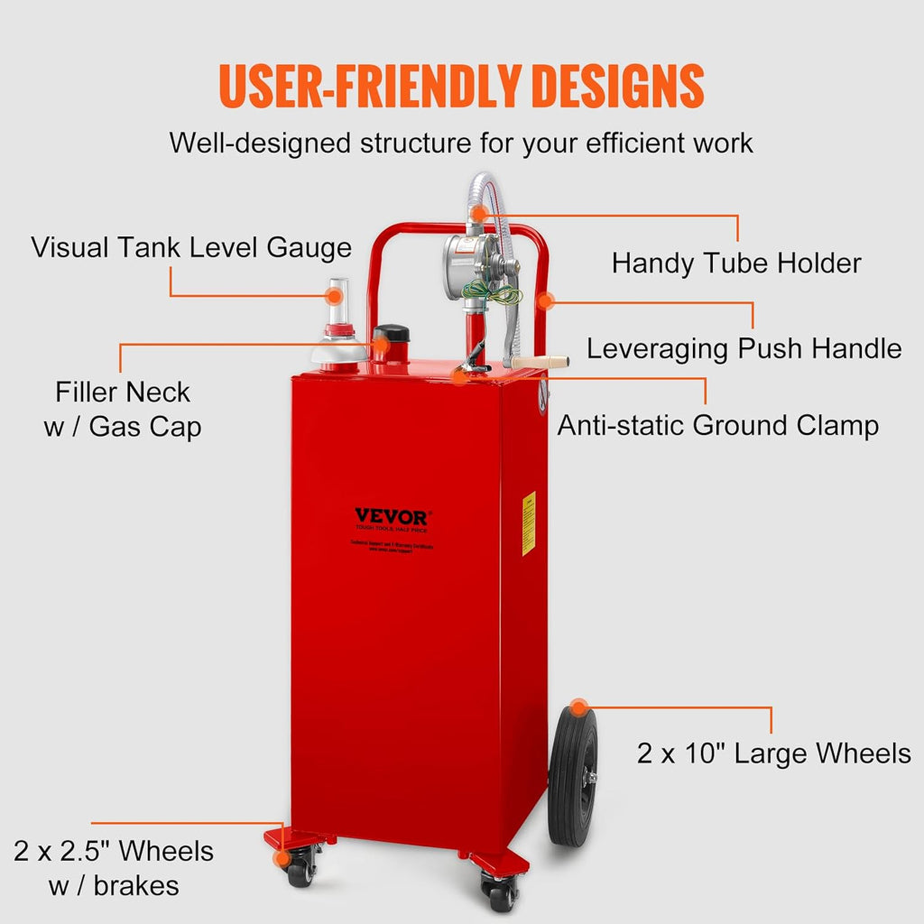 VEVOR 30 Gallon Fuel Caddy, Gas Storage Tank & 4 Wheels, with Manual Transfer Pump, Gasoline Diesel Fuel Container for Cars, Lawn Mowers, ATVs, Boats, More, Red