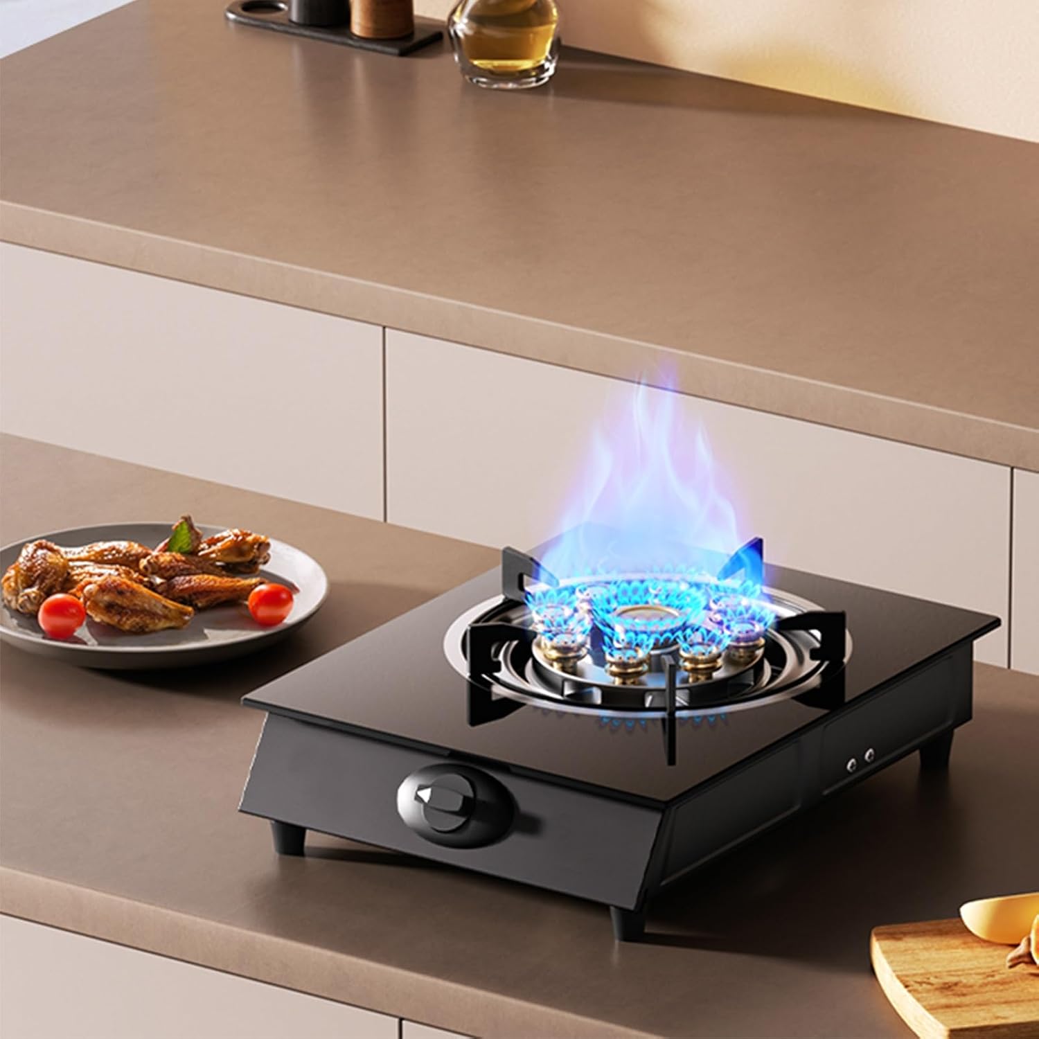 Gas Cooker 1 Burner,4.0KW Nine-Cavity High-fire Timer,Gas/LP Gas Conversion Stove,Tempered Glass Cast Iron Pot Rack,with Flameout Protection,for Home Kitchen(LPG)