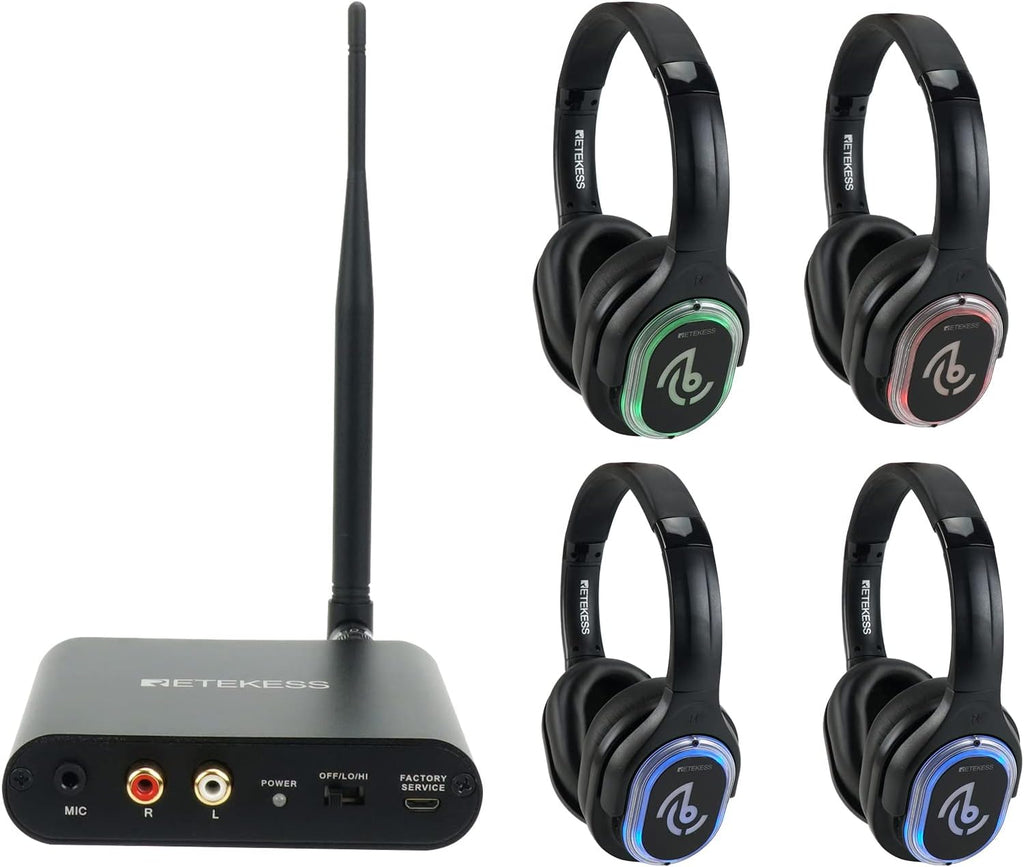Retekess TA003 Silent Disco Headphone System,Silent Disco Headsets with 3 Channel,LED Lights,Hi-Fi Sound Quality,Silent Disco Headphones Wireless for Dance Party,Festivals, School (Pack of 4)
