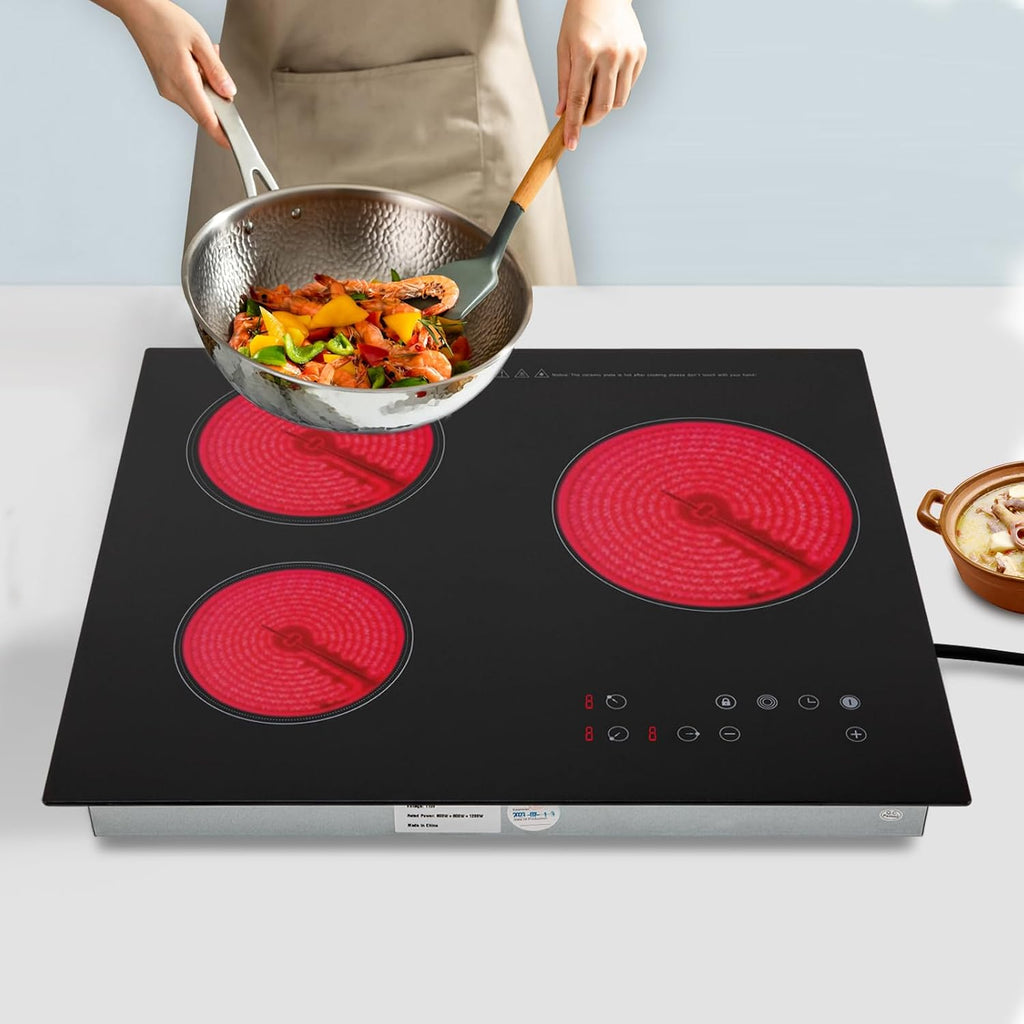 110v Electric Stove Top Burner, Rv Ceramic Cooktop, Sensor Touch Control With Safety Lock, Timer ＆ 9 Heating Levels, Black (3 Burner, 800W+600W+1200W)
