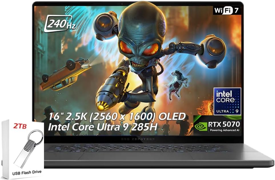 ASUS ROG Zephyrus G16 Gaming Laptop, 16inch ROG Nebula OLED 240Hz, RTX 5070, Intel Core Ultra 9 285H, 16GB LPDDR5X 2TB SSD, Backlit KB, Wi-Fi7, Win11, Eclipse Gray, w/2TB USB Drive, W/GaLiMu