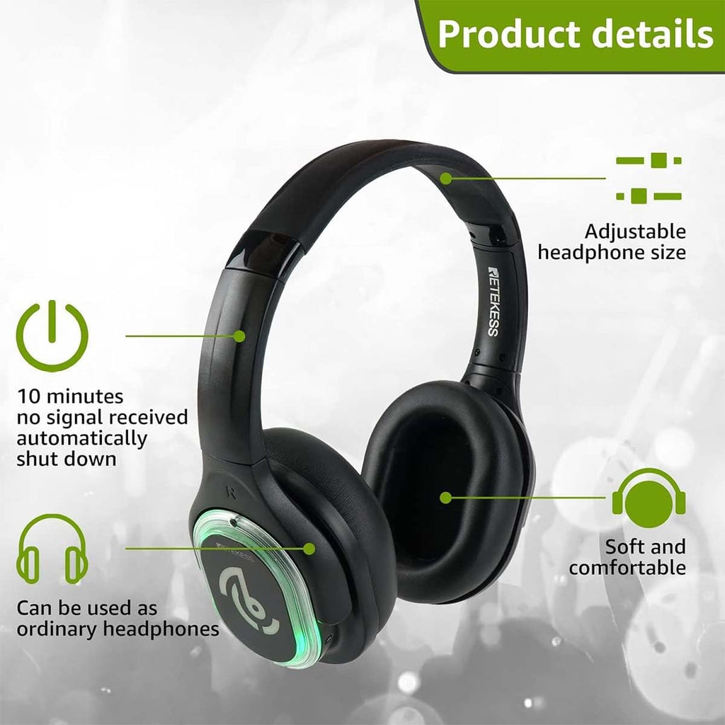 Retekess TA004 Silent Disco Headphone System, Wireless Silent Disco LED Light Headphones, 3 Channels, Hi-Fi Sound Quality, Silent Party Headphones for DJ, Music Events, Festivals (10 Pack)