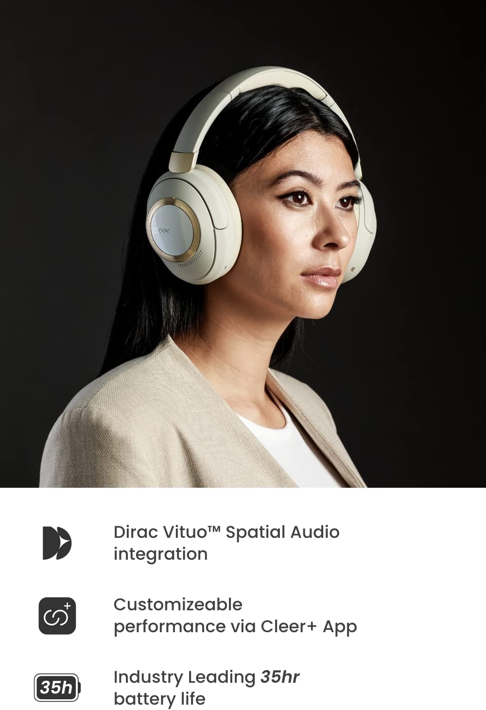 Cleer Audio Alpha Adaptive Active Noise Canceling Bluetooth Headphones, Dual-Microphone, Touch Controls, 35 Hr Battery Life, Multipoint Connection, Dirac Spatial Audio, App, Stone