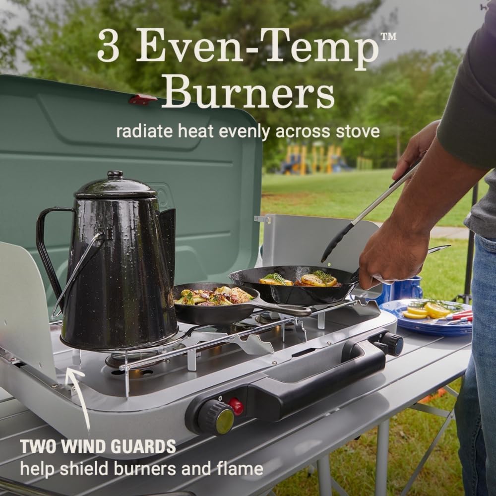 Coleman Cascade 328 3-Burner Camping Stove, Portable Cooktop with 28,000 BTUs, Matchless Lighting, & Dual Wind Guards, Great for Outdoor Cooking, Camping, Tailgating, Grilling, BBQs, & More