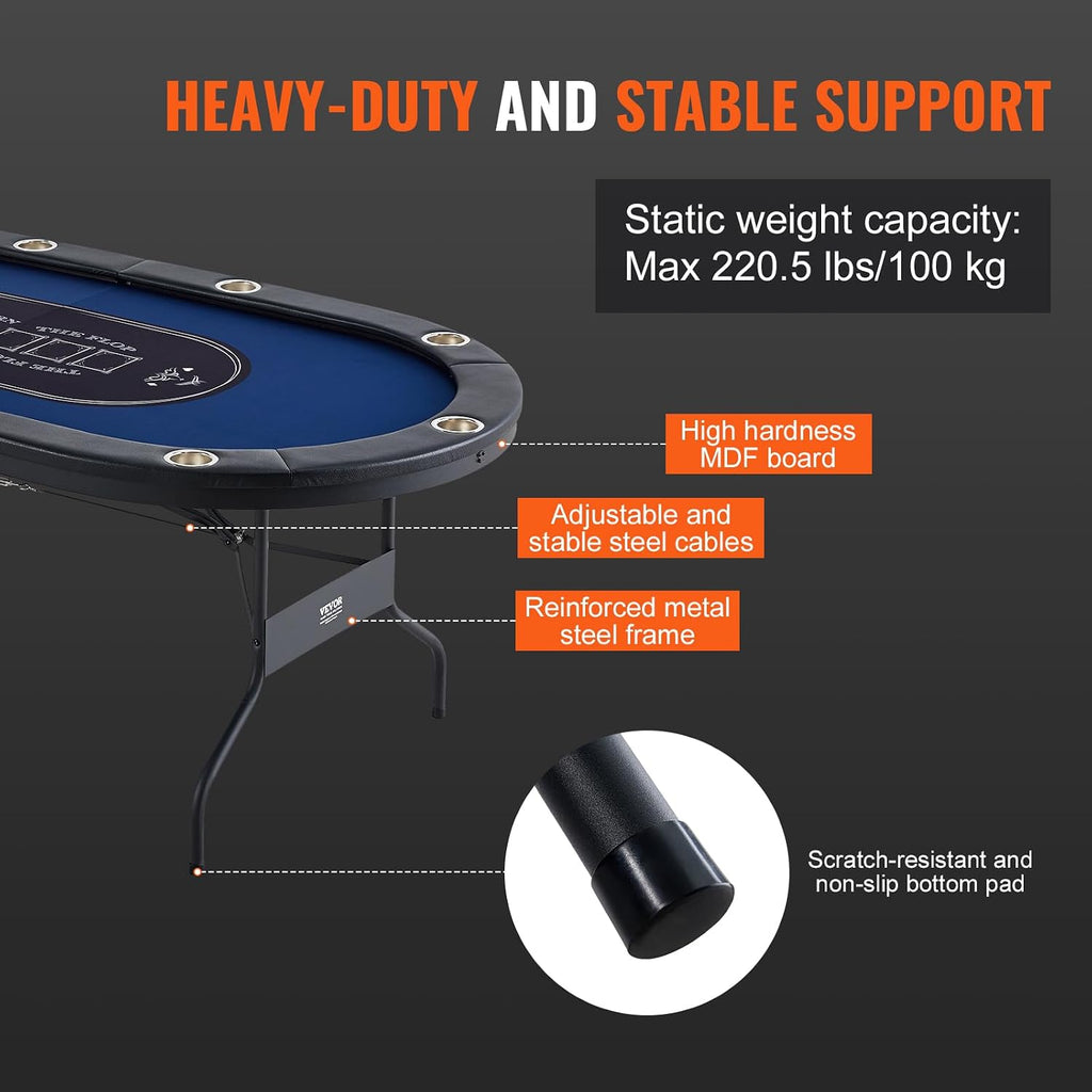 VEVOR 10 Player Poker Table Foldable, Portable Folding Card Board Game Table, Casino Leisure Table, Blackjack Texas Holdem Table with Padded Rails and Stainless Steel Cup Holders,Blue (84 in)
