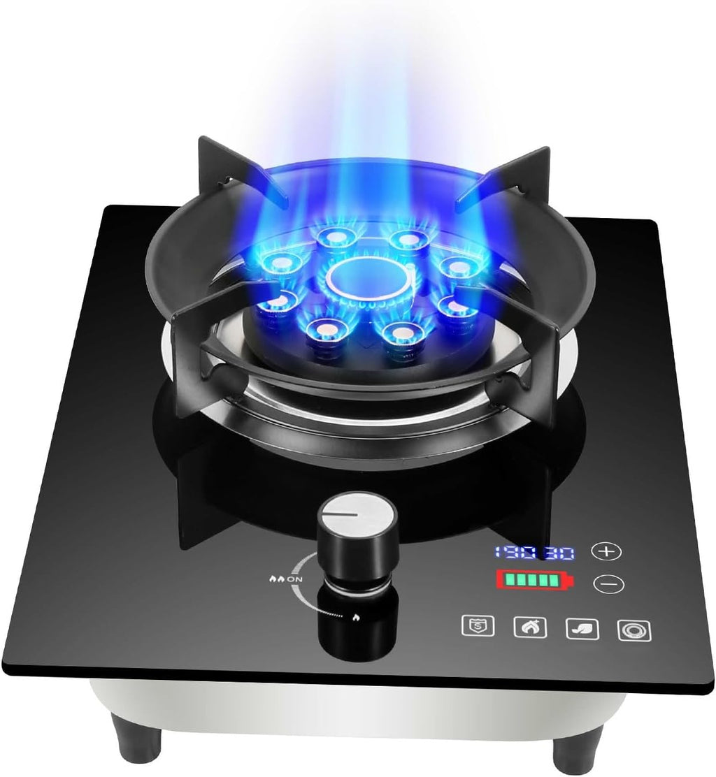 Gas Stove Single Burner,7.0KW Nine-Cavity High-fire Timer,Gas/LP Gas Conversion Stove,Tempered Glass Cast Iron Pot Rack,with Flameout Protection,for Home Kitchen(LPG)