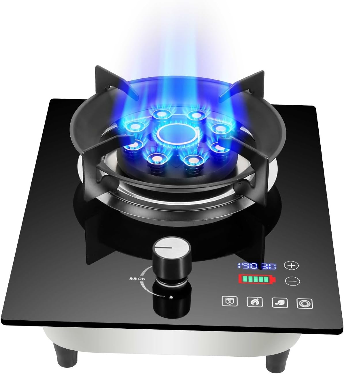 Gas Stove Single Burner,7.0KW Nine-Cavity High-fire Timer,Gas/LP Gas Conversion Stove,Tempered Glass Cast Iron Pot Rack,with Flameout Protection,for Home Kitchen(LPG)