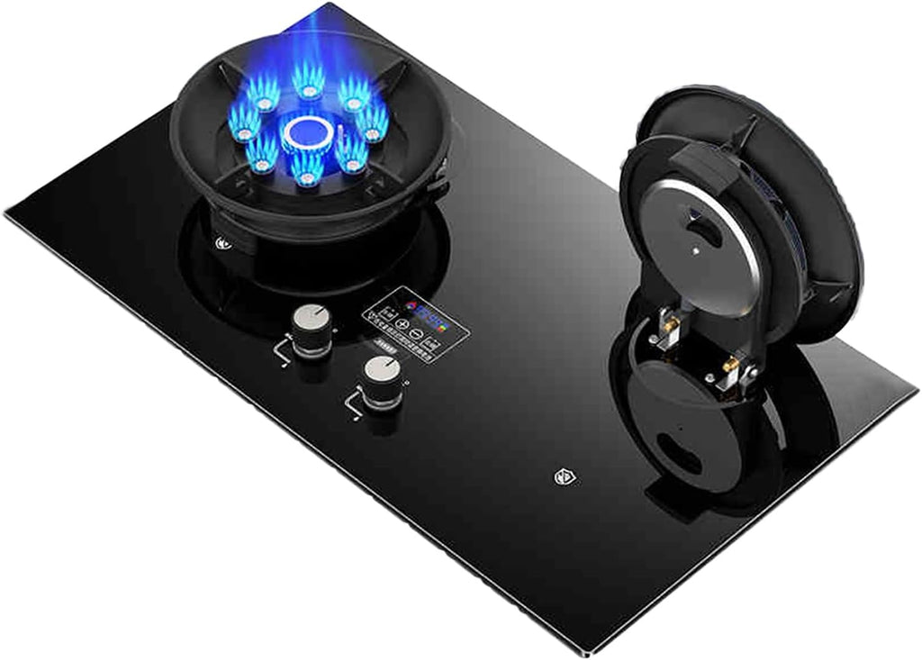 Gas Stove Double Burner,Tempered Glass Cooktop,Flip-top Gas Stove,NG/LPG Convertible Stove,with Flameout Protection and Double-sided Timing(NG)