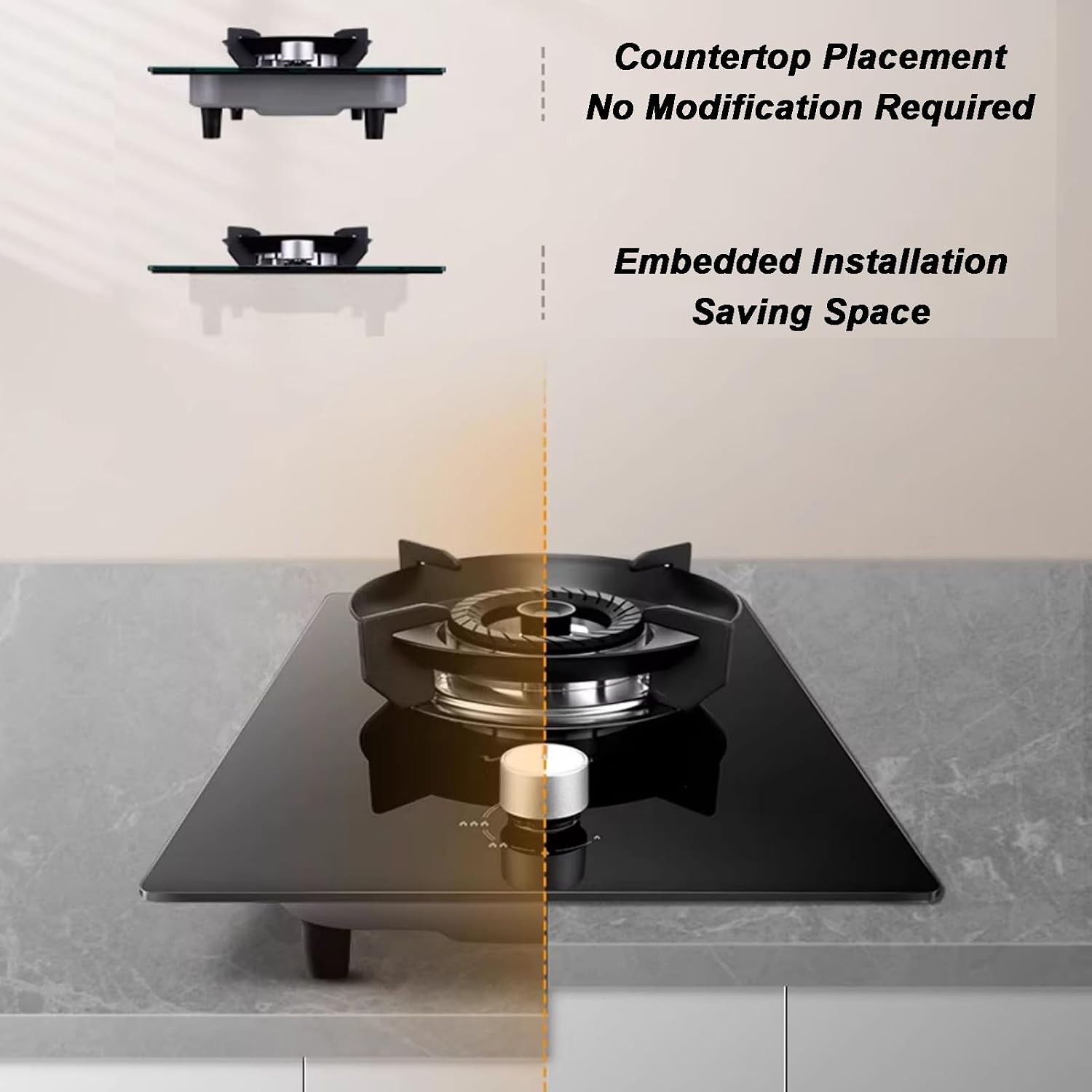 Gas Stove 1 Burner,5KW Rotary Fire,Natural Gas/Liquefied Gas Conversion Stove,Black Tempered Glass Cast Iron Pot Support,with Flameout Protection(NG)