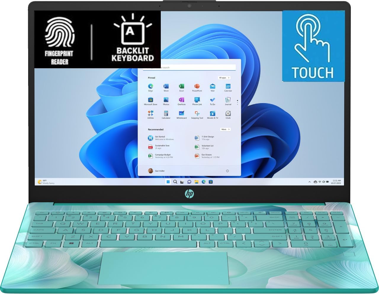 HP 15.6' HD Touchscreen Laptop with Fingerprint Reader, Intel Quad-Core N Processor, 4GB RAM, 128GB SSD Storage, Type-C, HDMI, Backlit Keyboard, W11, Dale Green (Renewed)