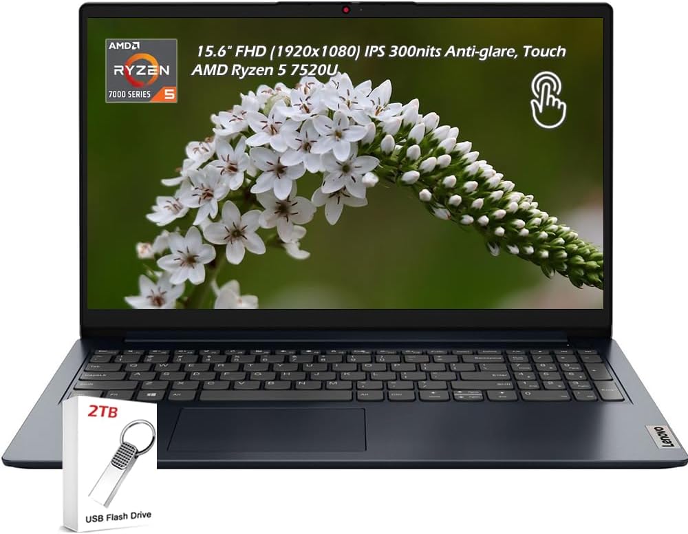 Lenovo Ideapad 1 Laptop, 15.6' FHD (1920x1080) Touch Display, AMD Ryzen 5 7520U, 8GB RAM 512GB SSD, AMD Radeon 610M, WiFi6 Bluetooth, Long Battery Life, Win11, Abyss Blue, 2TB Flash Drive, W/GaLiMu